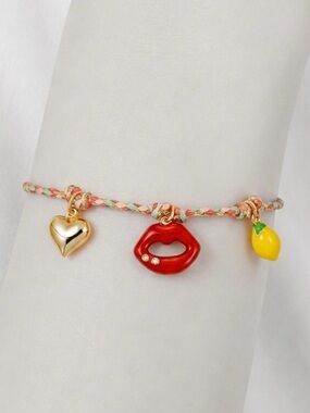 “Pucker” Kiss Red Enamel Lipstick Lips Lipgloss Make-up Braided Charm Bracelet
